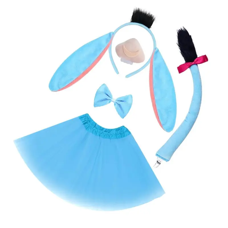 652F Donkey Role Playing Costume Set Donkey Headband Tail Bowtie Skirt for Kids Birthday Halloween Animal Cosplay Accessories