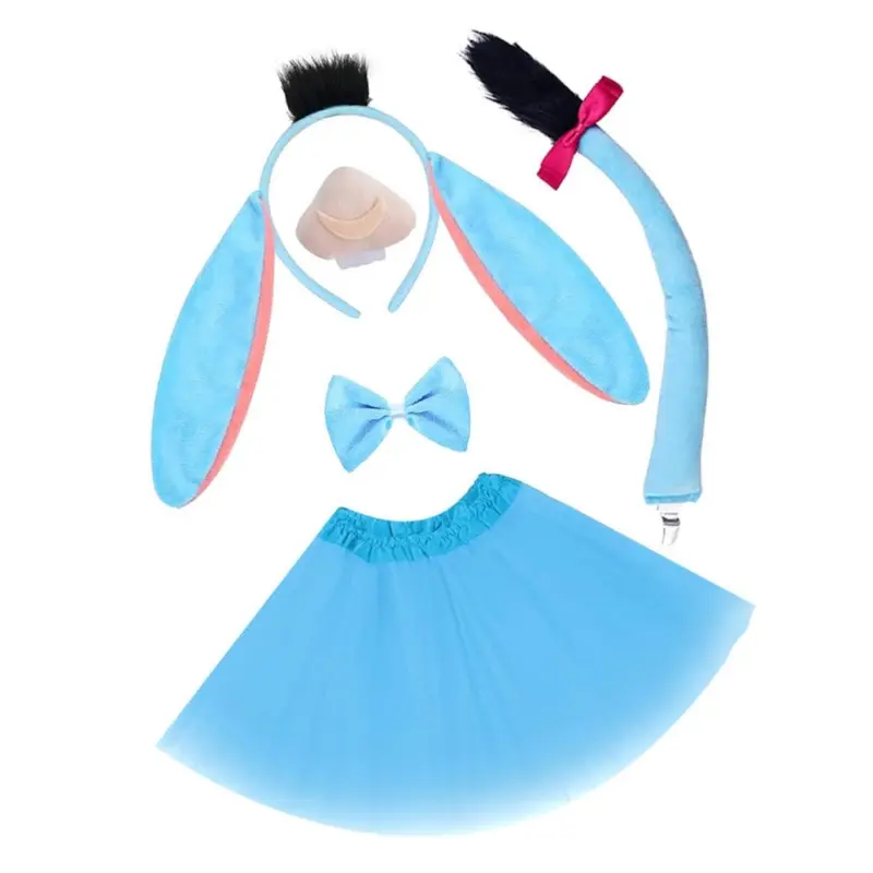 652F Donkey Role Playing Costume Set Donkey Headband Tail Bowtie Skirt for Kids Birthday Halloween Animal Cosplay Accessories