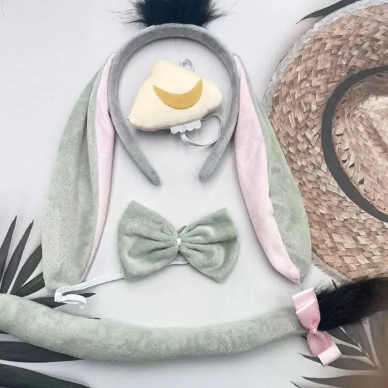 652F Donkey Role Playing Costume Set Donkey Headband Tail Bowtie Skirt for Kids Birthday Halloween Animal Cosplay Accessories