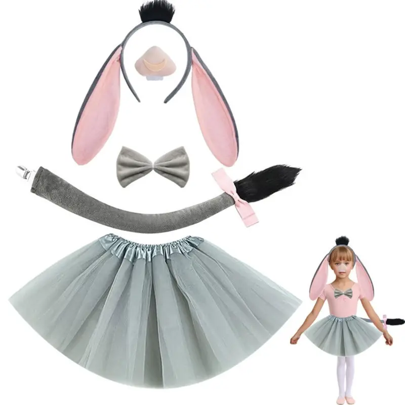 652F Donkey Role Playing Costume Set Donkey Headband Tail Bowtie Skirt for Kids Birthday Halloween Animal Cosplay Accessories