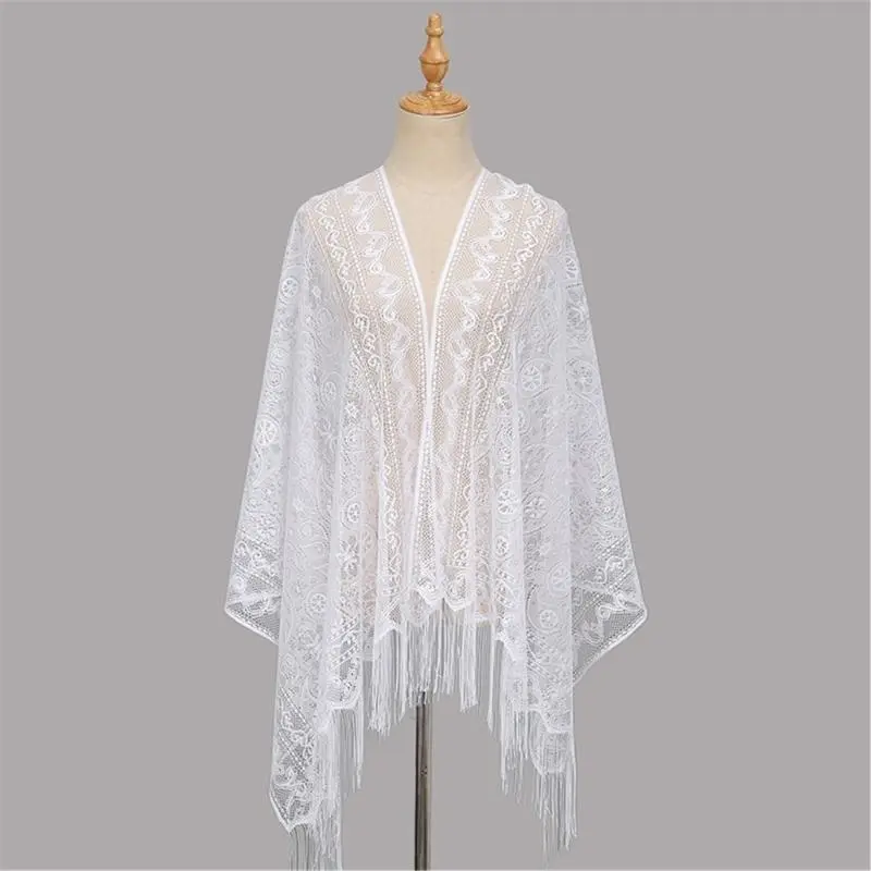 652F Fashionable White Lace Scarf Cut Outs Stylish Tassels Shawl Shoulder Wrap For Modern Women Daily and Special Occasion