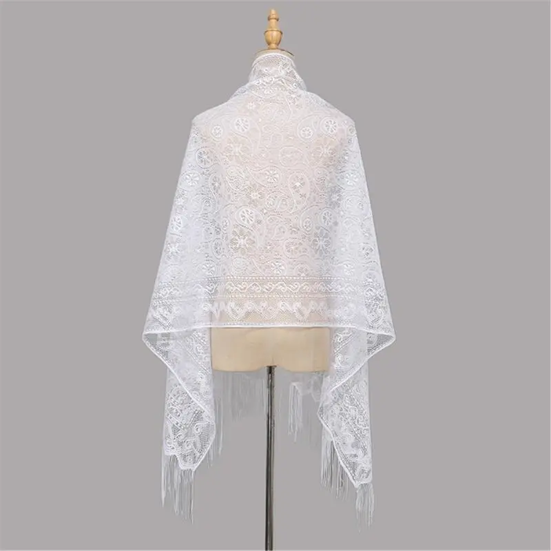 652F Fashionable White Lace Scarf Cut Outs Stylish Tassels Shawl Shoulder Wrap For Modern Women Daily and Special Occasion