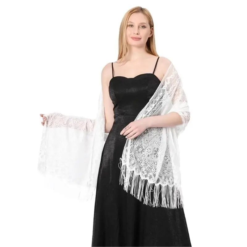 652F Fashionable White Lace Scarf Cut Outs Stylish Tassels Shawl Shoulder Wrap For Modern Women Daily and Special Occasion