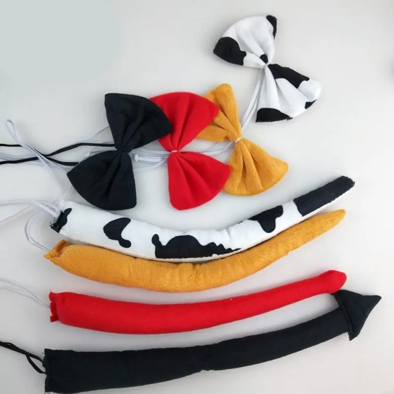 652F Animal Cosplay Accessory Set 3Pcs Costume Set Cow Ear Headband Bowtie Plush Tail Set Halloween Cosplay Party