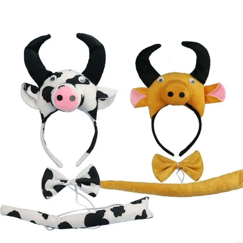 652F Animal Cosplay Accessory Set 3Pcs Costume Set Cow Ear Headband Bowtie Plush Tail Set Halloween Cosplay Party