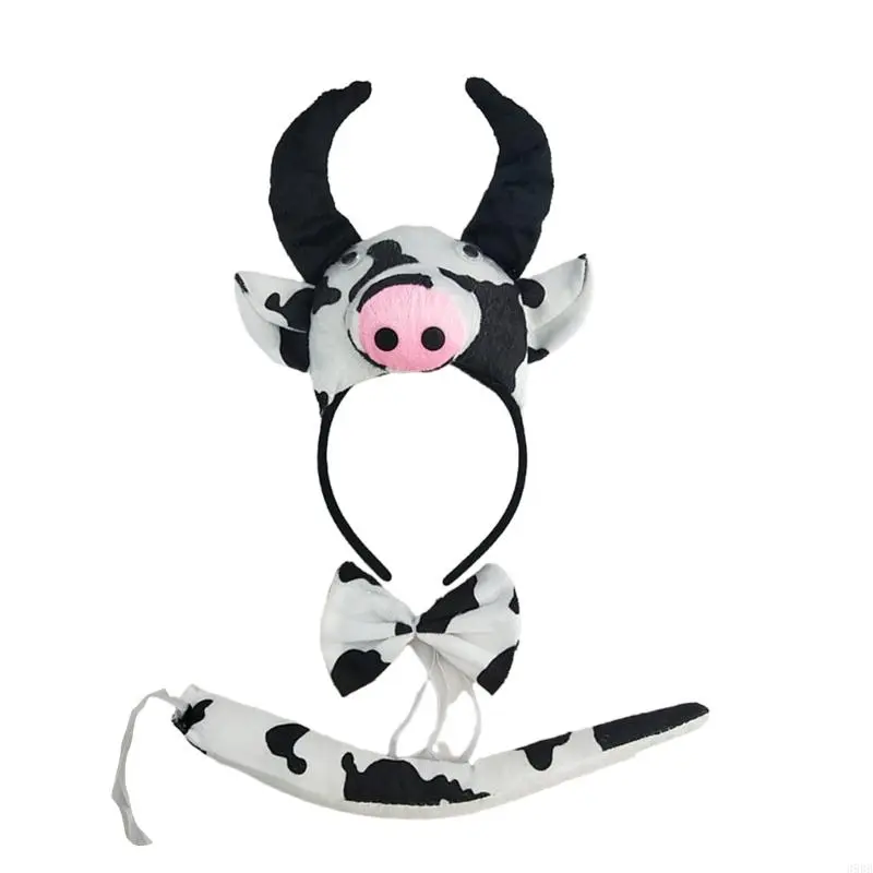 652F Animal Cosplay Accessory Set 3Pcs Costume Set Cow Ear Headband Bowtie Plush Tail Set Halloween Cosplay Party