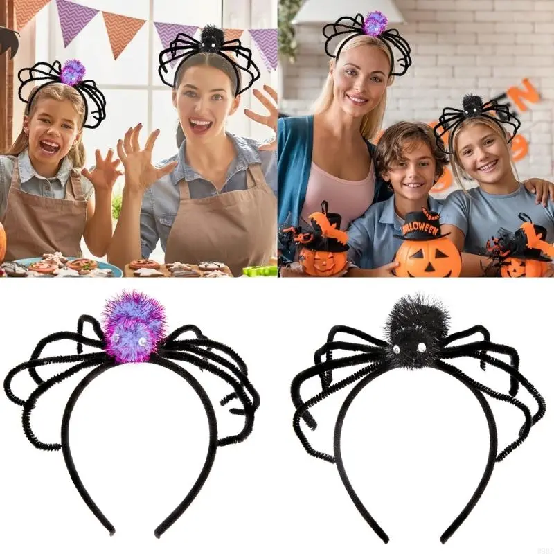 652F Adult Kids Tinsels Spiders Headband Woman SPA Hair Hoop Makeup Halloween Taking Photos Carnivals Party Headpiece