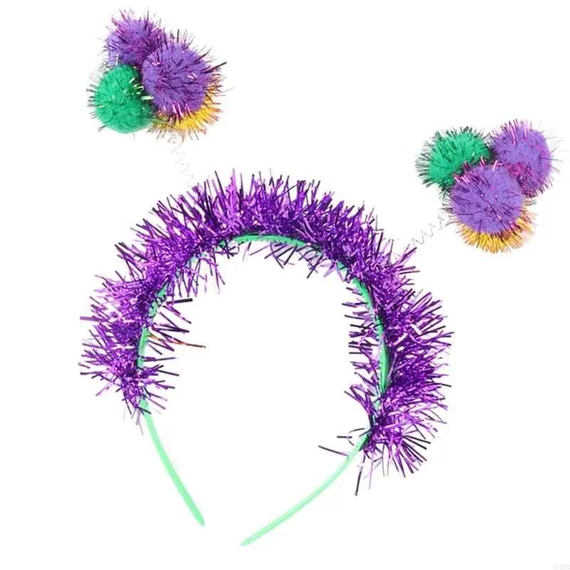 652F Carnivals Party Accessories Pompoms Headband for Mardi Gras Festival Theme Party Props Hairband Adult Holiday Headpieces
