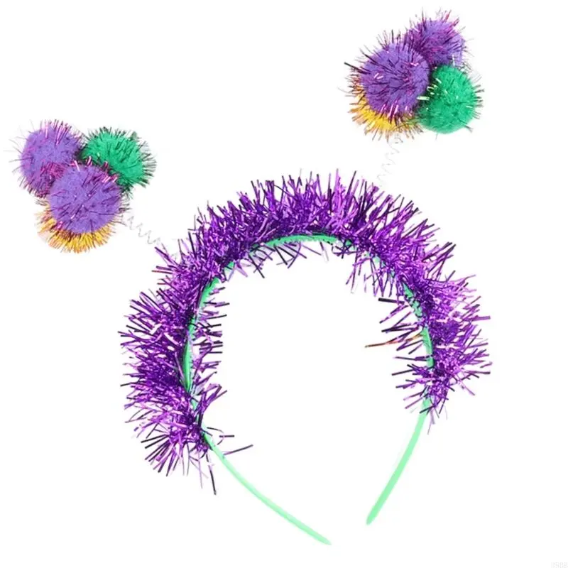 652F Carnivals Party Accessories Pompoms Headband for Mardi Gras Festival Theme Party Props Hairband Adult Holiday Headpieces