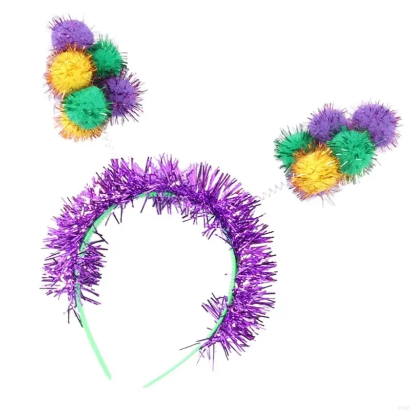 652F Carnivals Party Accessories Pompoms Headband for Mardi Gras Festival Theme Party Props Hairband Adult Holiday Headpieces