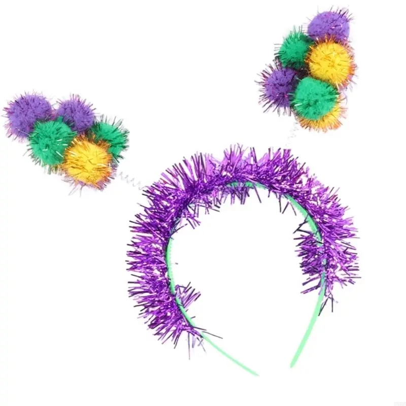 652F Carnivals Party Accessories Pompoms Headband for Mardi Gras Festival Theme Party Props Hairband Adult Holiday Headpieces