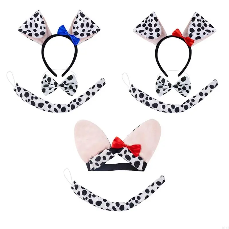 652F Spotted Dogs Costume Set Plush Tail Bowtie Dogs Hair Hoop Set Skirt Dogs Ears Headband for Halloween Costume Cosplay