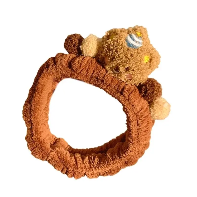652F Furry Brown Bear Hairhoop for Female Face Washing Plush Makeup Hairband Party Costume Accessory Skin Care Hair Bands