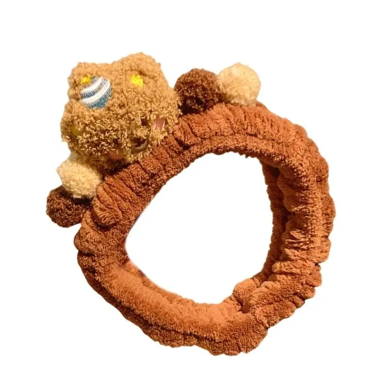 652F Furry Brown Bear Hairhoop for Female Face Washing Plush Makeup Hairband Party Costume Accessory Skin Care Hair Bands