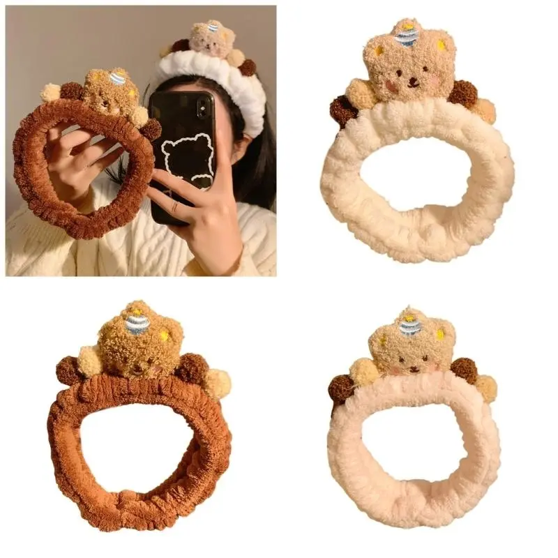 652F Furry Brown Bear Hairhoop for Female Face Washing Plush Makeup Hairband Party Costume Accessory Skin Care Hair Bands