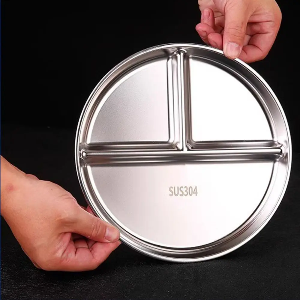 Unbreakable Portion Control Plate 304 Stainless Steel Reusable Divided Dinner Plates Balanced Diet Round 3 Compartment Food Tray