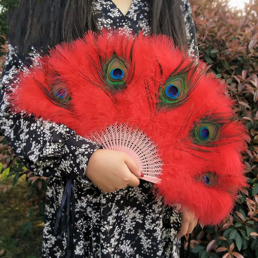 With Tassel Peacock Feather Fan Soft Thick Feathers Portable Folding Hand Fan Handheld Hollow Handle Feather Dance Fan