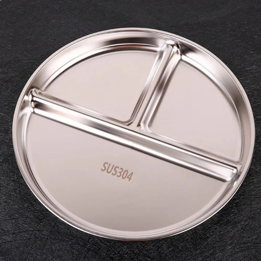 Unbreakable Portion Control Plate 304 Stainless Steel Reusable Divided Dinner Plates Balanced Diet Round 3 Compartment Food Tray