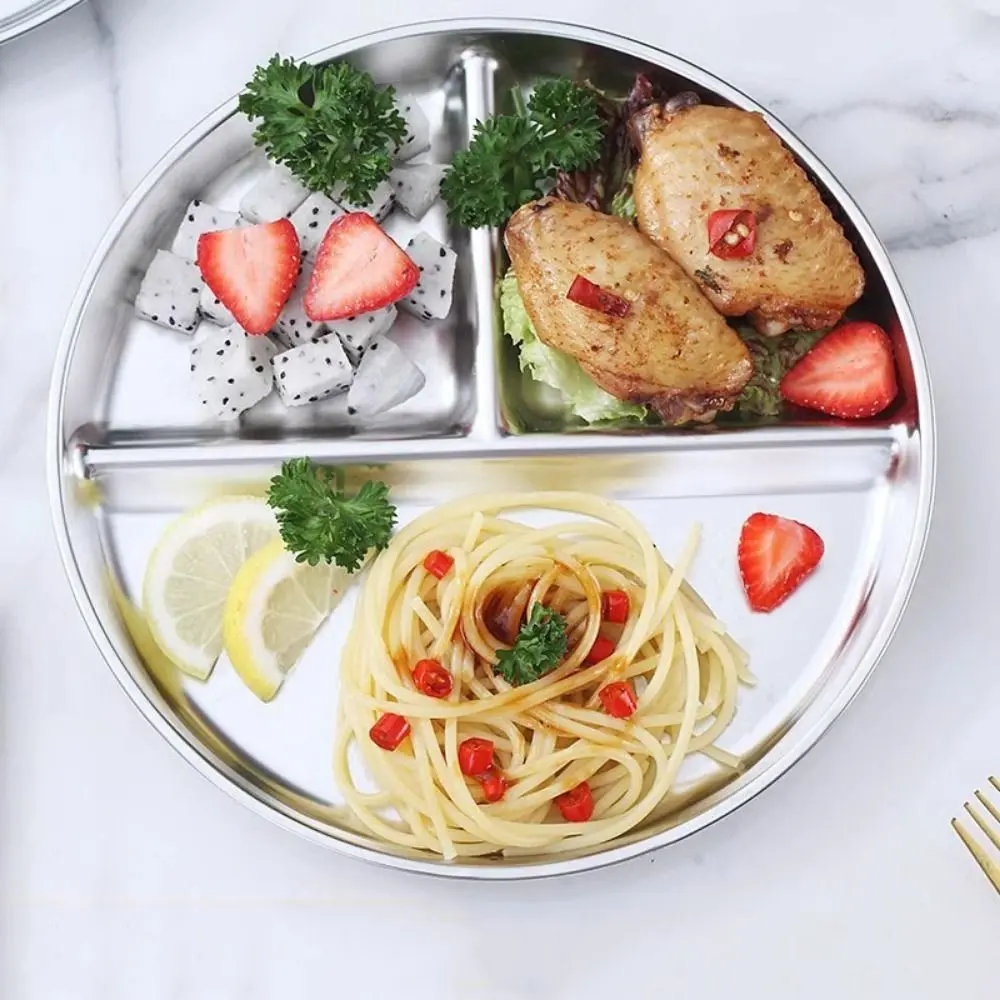 Unbreakable Portion Control Plate 304 Stainless Steel Reusable Divided Dinner Plates Balanced Diet Round 3 Compartment Food Tray