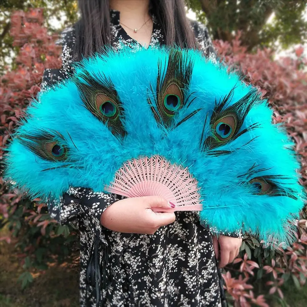 With Tassel Peacock Feather Fan Soft Thick Feathers Portable Folding Hand Fan Handheld Hollow Handle Feather Dance Fan
