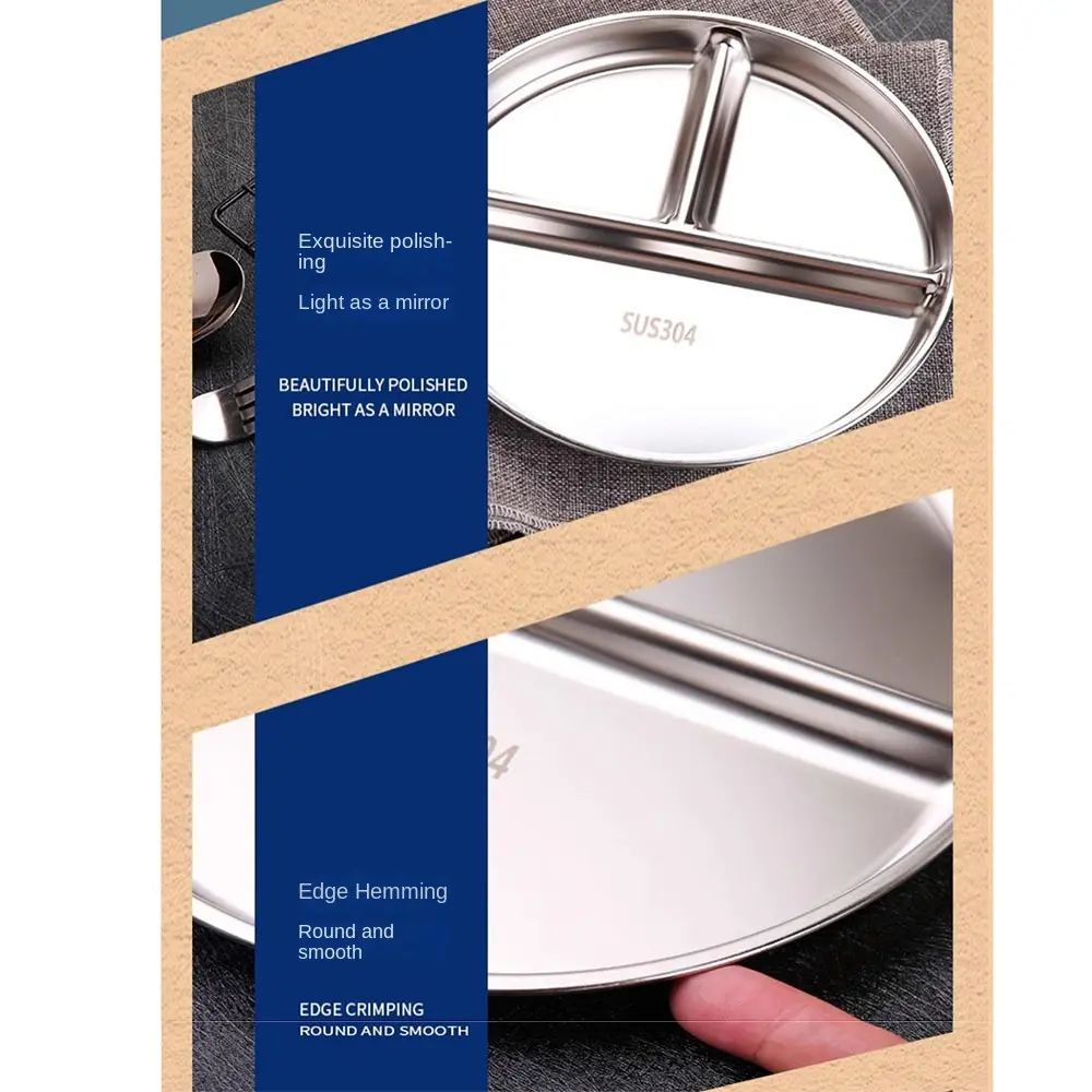 Unbreakable Portion Control Plate 304 Stainless Steel Reusable Divided Dinner Plates Balanced Diet Round 3 Compartment Food Tray