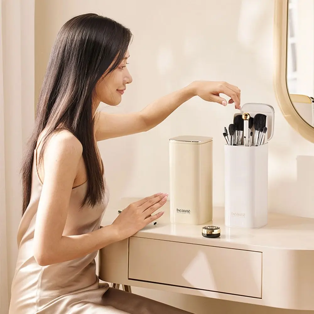 Large Capacity Automatic Lifting Makeup Brush Holder Dustproof with Lid Makeup Brush Storage Tube Plastic Press Type