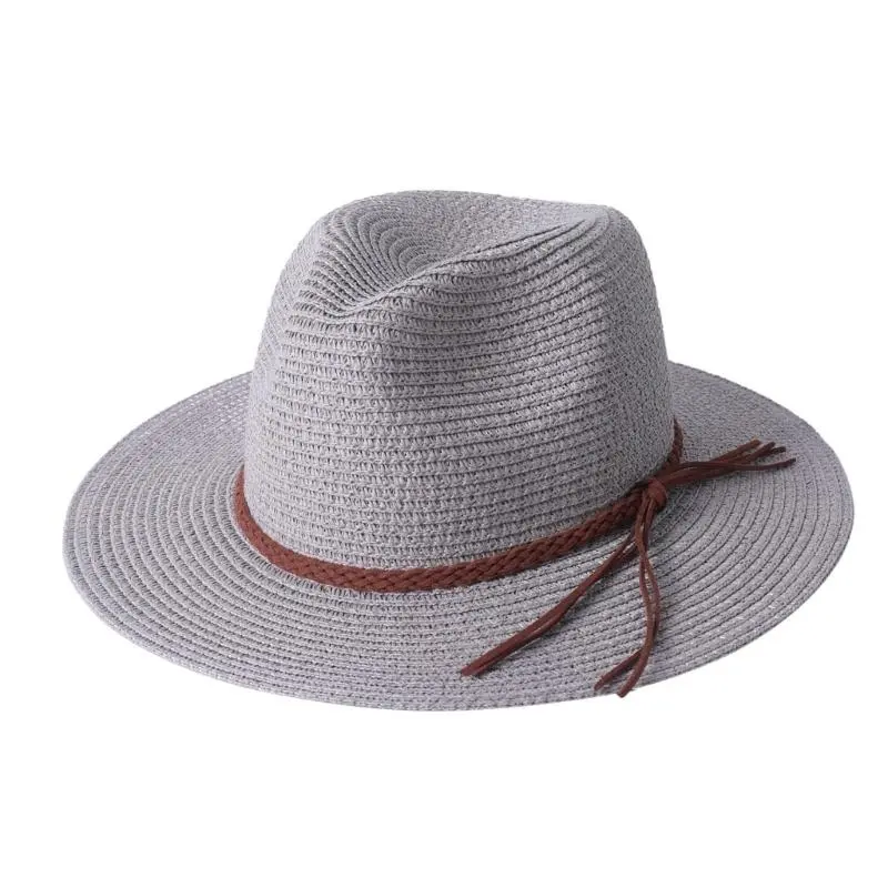 652F Homburg Cowboy Hats with Braided Belt Tassels Knight Hat Straw Top Hat Elegant Porkpie Hat for Boy Men Straw Hat