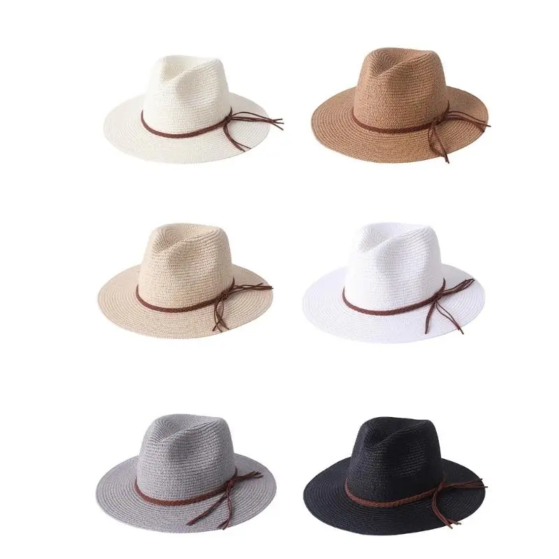 652F Homburg Cowboy Hats with Braided Belt Tassels Knight Hat Straw Top Hat Elegant Porkpie Hat for Boy Men Straw Hat