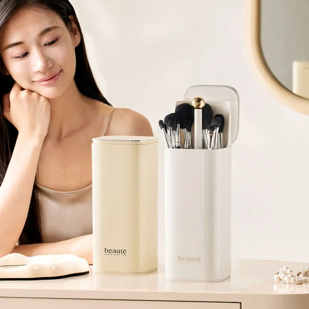 Large Capacity Automatic Lifting Makeup Brush Holder Dustproof with Lid Makeup Brush Storage Tube Plastic Press Type