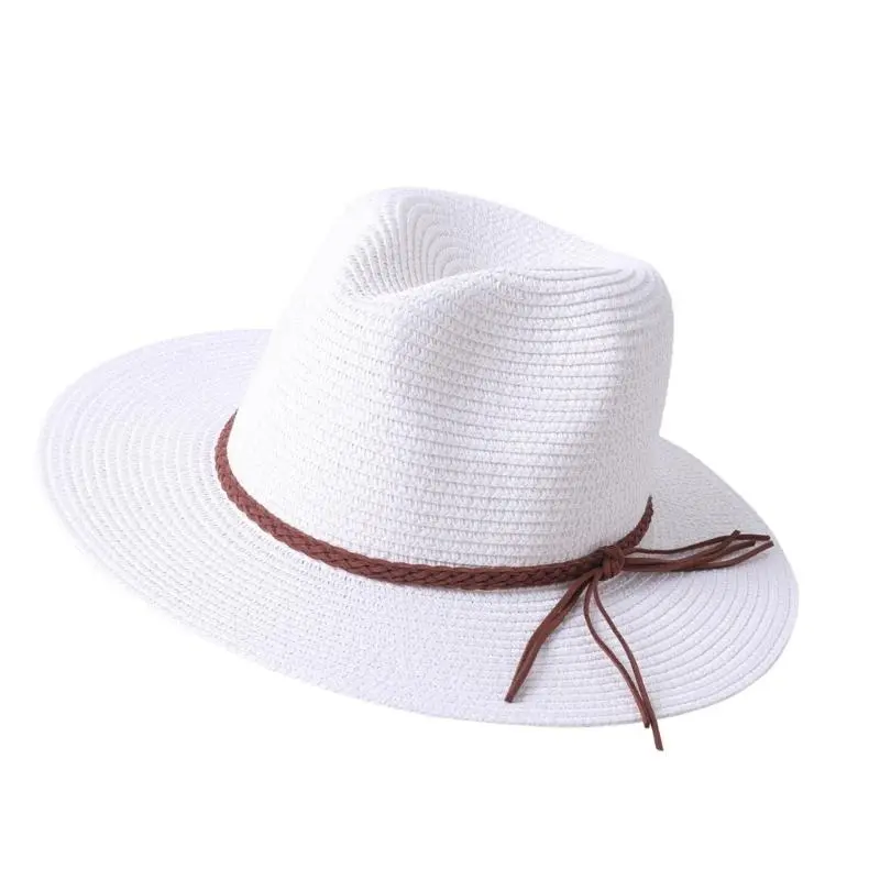 652F Homburg Cowboy Hats with Braided Belt Tassels Knight Hat Straw Top Hat Elegant Porkpie Hat for Boy Men Straw Hat