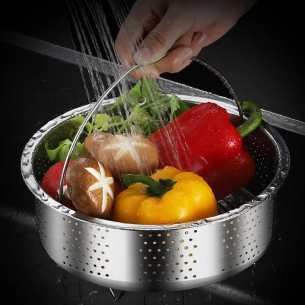 With Handle and Stand Steamer Basket Fine Mesh 304 Stainless Steel Steaming Rack Silver Rices Washing Drain Basket Stuffed Bun