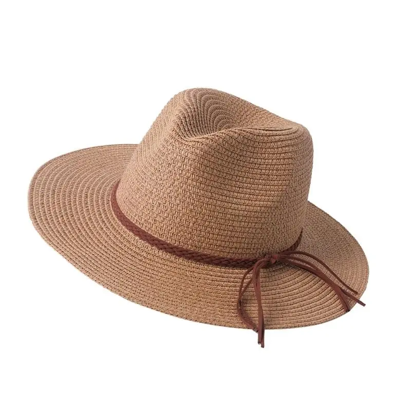 652F Homburg Cowboy Hats with Braided Belt Tassels Knight Hat Straw Top Hat Elegant Porkpie Hat for Boy Men Straw Hat