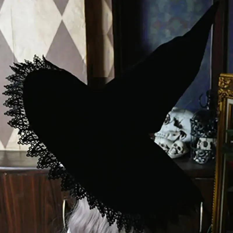652F Black Witch Hat for Halloween Wide Brim Party Hat Women Witchcap Wizard Hat Carnival Costume Night Club Female Headdress