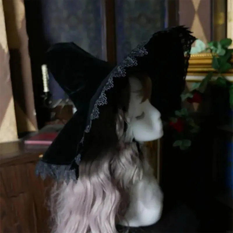 652F Black Witch Hat for Halloween Wide Brim Party Hat Women Witchcap Wizard Hat Carnival Costume Night Club Female Headdress