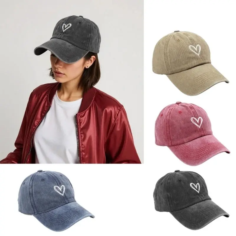 652F Distressed Baseball Hat for Girls Women Embroidery Heart Casual Hat for Sports Gym Mountain Camping Hat Outdoor Activity