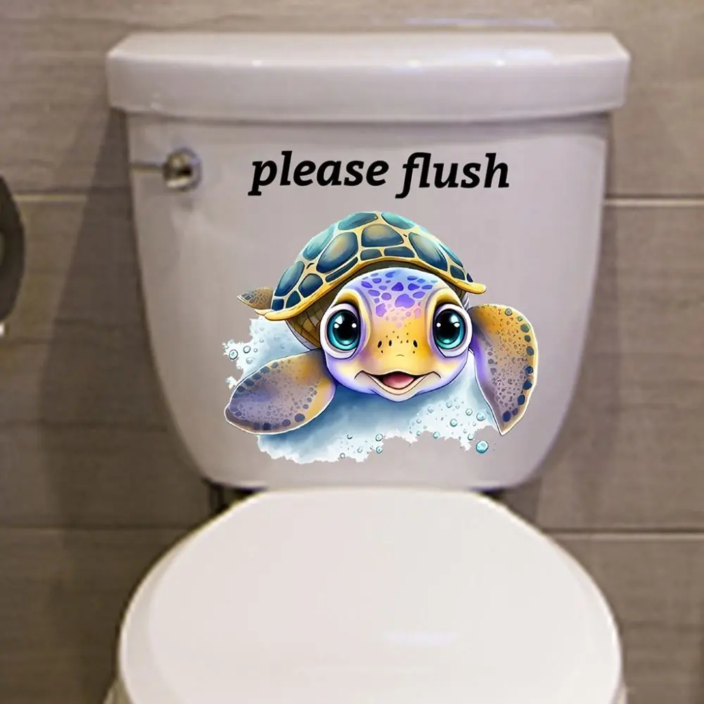 Multipurpose PVC Sea Animal Toilet Sticker Please Flush Removable Toilet Sign Sticker Cute Washable Bathroom Decals Living Room