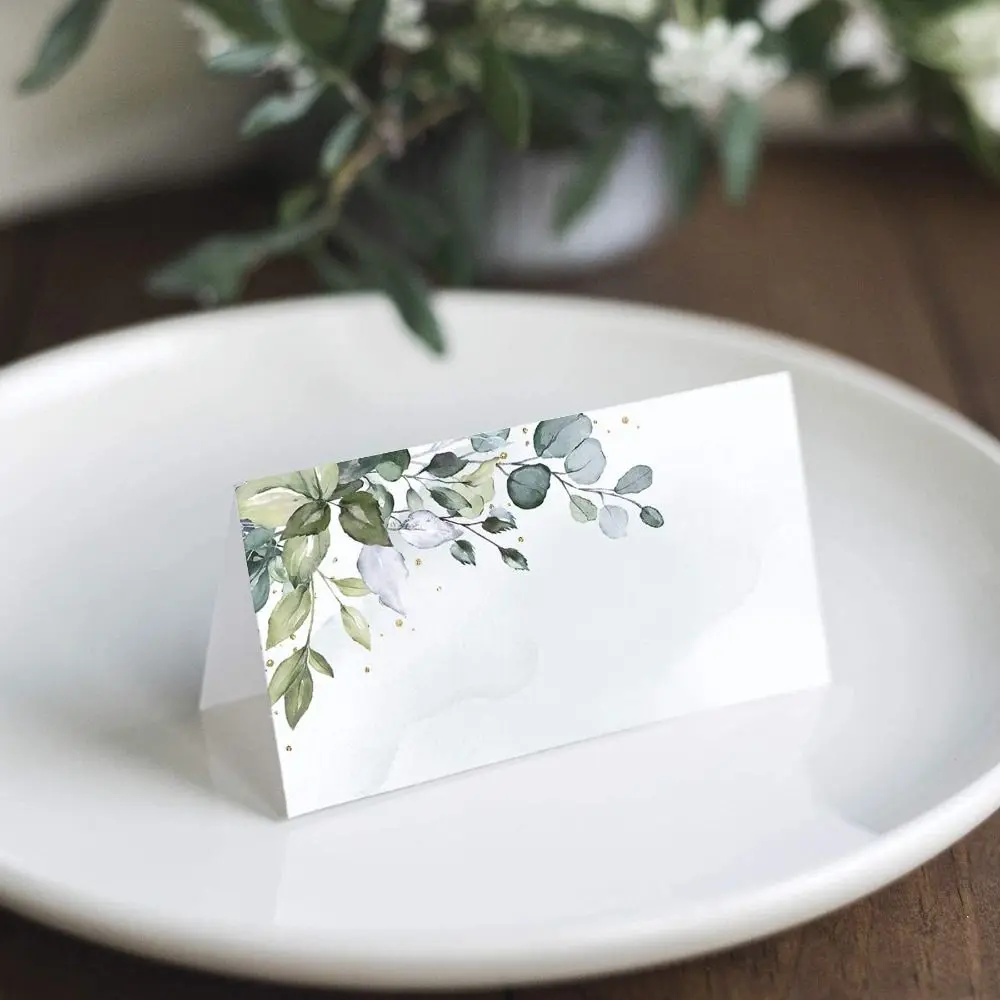 50pcs Blank Green Leaf Table Place Cards Printing Paper Tented Name Card Simplicity Gift Cards Birthday Gift