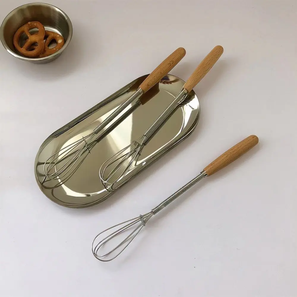 Kitchen Tools Multifunction Stainless Steel Egg Beater Useful Wooden Handle Hand Egg Beater Portable Mini Egg Whisk Cooking