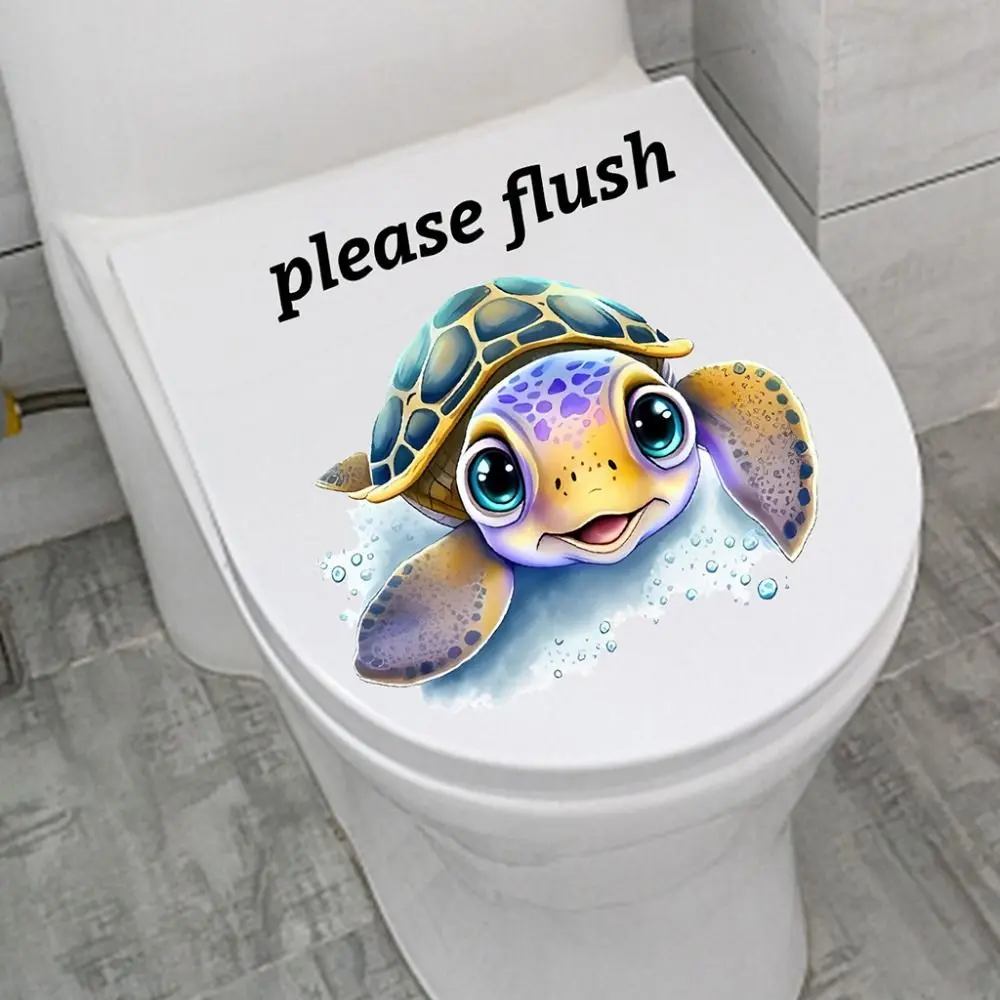 Multipurpose PVC Sea Animal Toilet Sticker Please Flush Removable Toilet Sign Sticker Cute Washable Bathroom Decals Living Room
