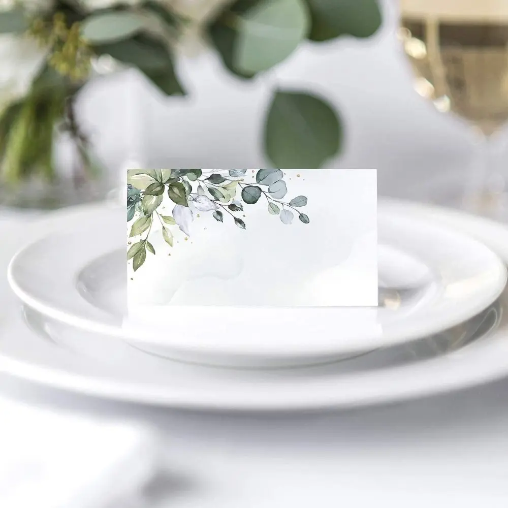 50pcs Blank Green Leaf Table Place Cards Printing Paper Tented Name Card Simplicity Gift Cards Birthday Gift
