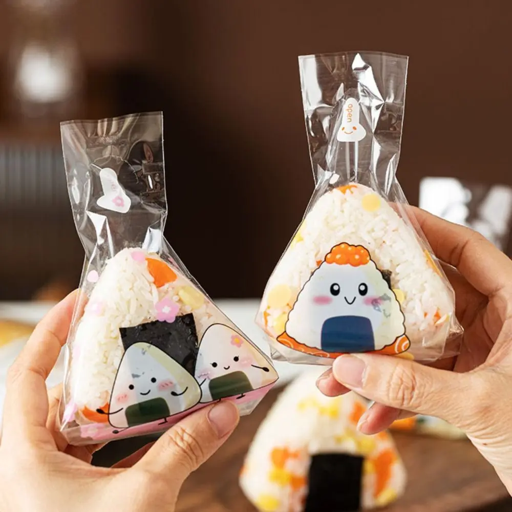 100Pcs Disposable Triangle Rice Ball Packing Bag Cartoon Pattern Japanese Rice Ball Wrapper DIY Transparent Sushi Bag Kids