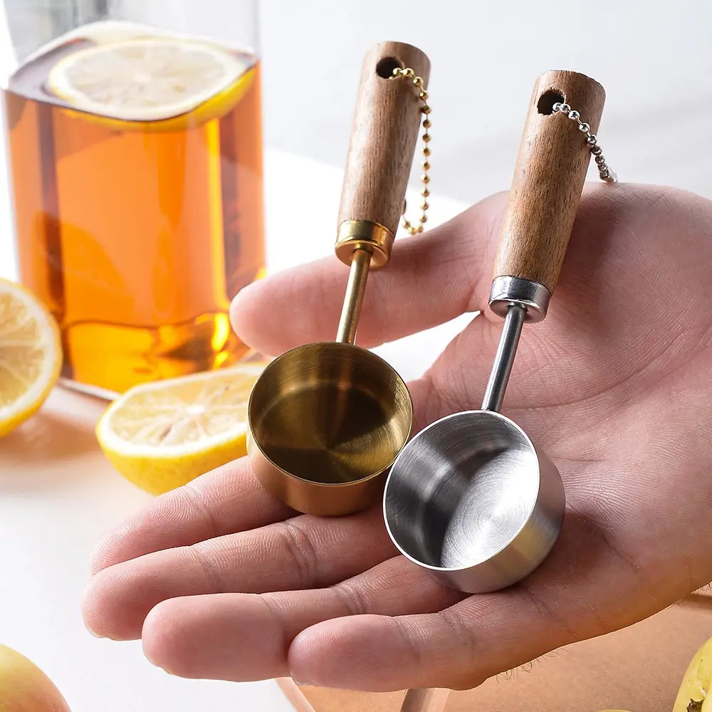 14ml Stainless Steel Measure Spoon Flat Bottom Hangable Measuring Cup with Wood Handle Rustproof Kitchen Measure Tools Coffee