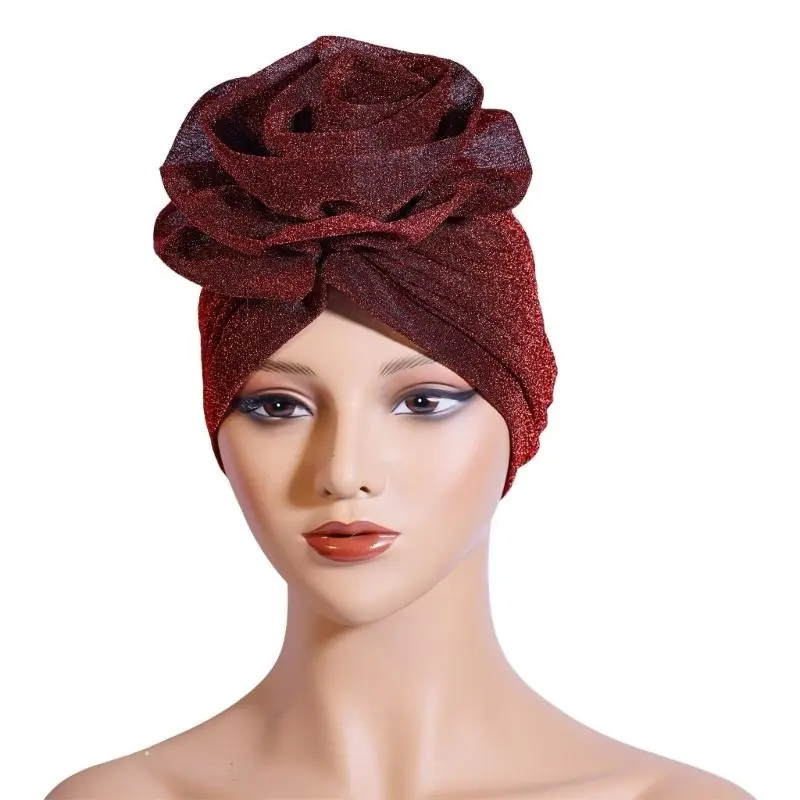 652F Shining Yarn Turban Caps Hijab Bonnet Hat Headwrap for Female Multiuse Ethnic Flower Turban African Hat for Formal Casual