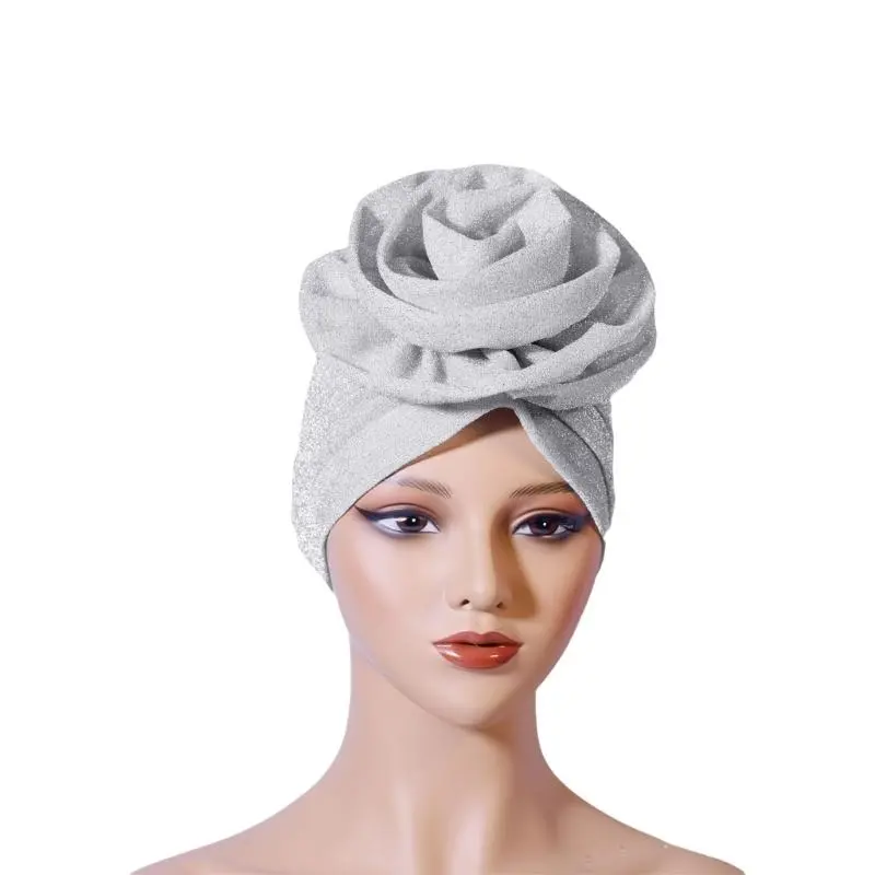 652F Shining Yarn Turban Caps Hijab Bonnet Hat Headwrap for Female Multiuse Ethnic Flower Turban African Hat for Formal Casual