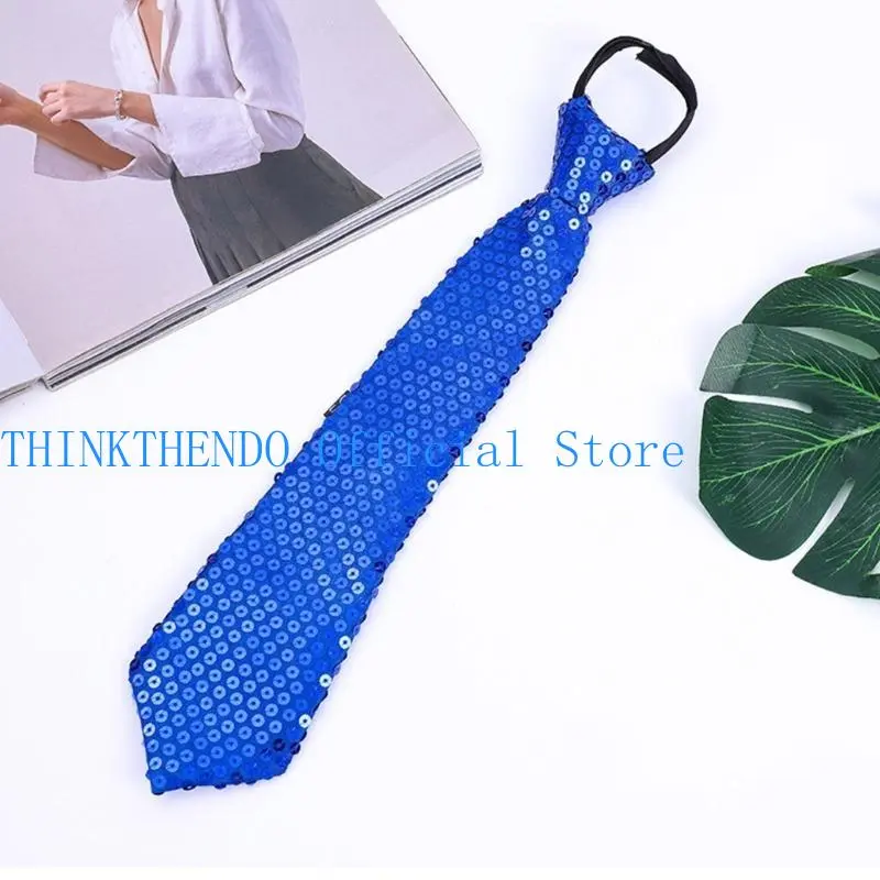 652F Mens Womens Fashion  Sequins Skinny Tie Adjustable Zipper Sparkly Necktie for Weddings Parties Costume Halloween