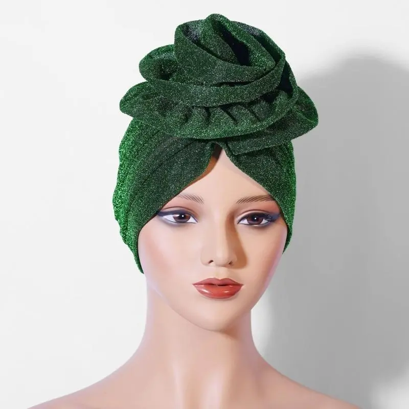 652F Shining Yarn Turban Caps Hijab Bonnet Hat Headwrap for Female Multiuse Ethnic Flower Turban African Hat for Formal Casual