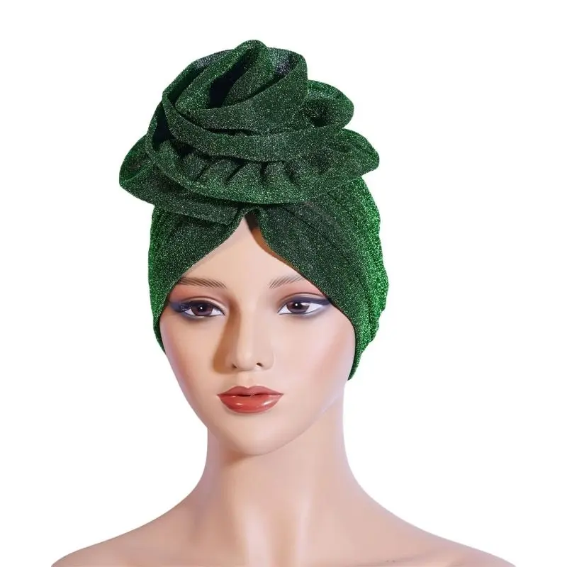 652F Shining Yarn Turban Caps Hijab Bonnet Hat Headwrap for Female Multiuse Ethnic Flower Turban African Hat for Formal Casual