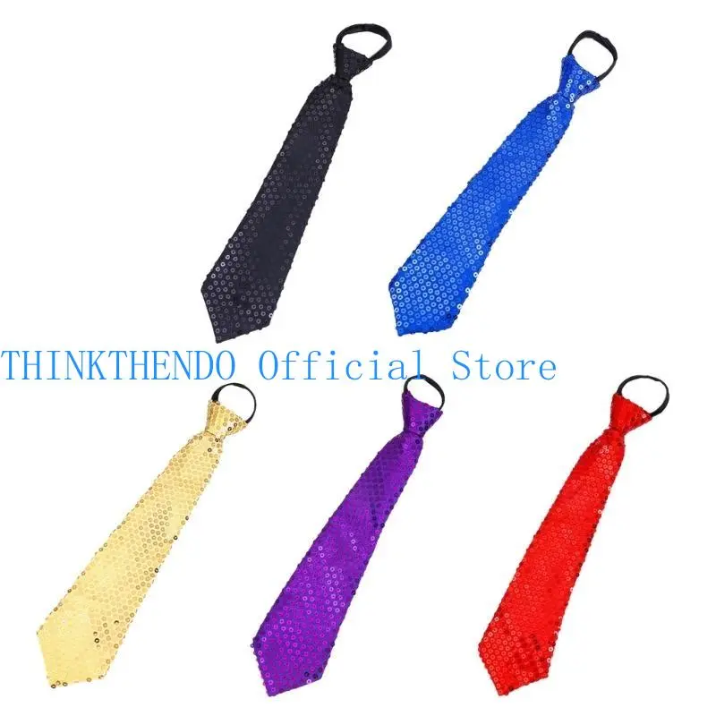 652F Mens Womens Fashion  Sequins Skinny Tie Adjustable Zipper Sparkly Necktie for Weddings Parties Costume Halloween