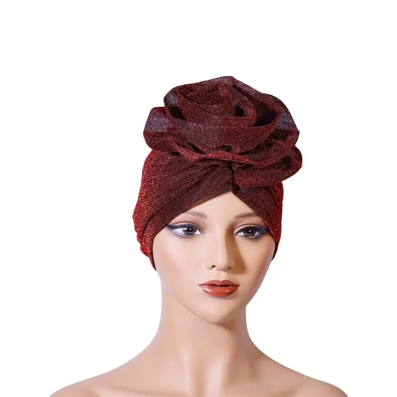 652F Shining Yarn Turban Caps Hijab Bonnet Hat Headwrap for Female Multiuse Ethnic Flower Turban African Hat for Formal Casual