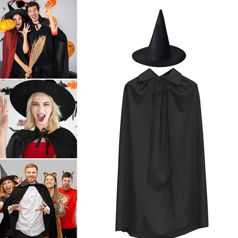 652F Witch Cloak Witch Hat Halloween Witch Costume, Witch Cape Costume Halloween Cloak for Kid Adult Halloween, Cosplay Party